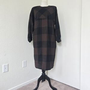 Hanae Mori Vintage 100% Wool Shift Midi Dress Dark Plaid Size Large Made Japan